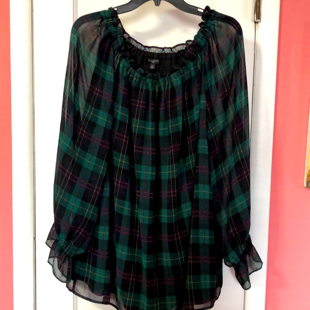 Talbots 2X Festive Tartan  Blouse. Green and black tartan accented with pink.